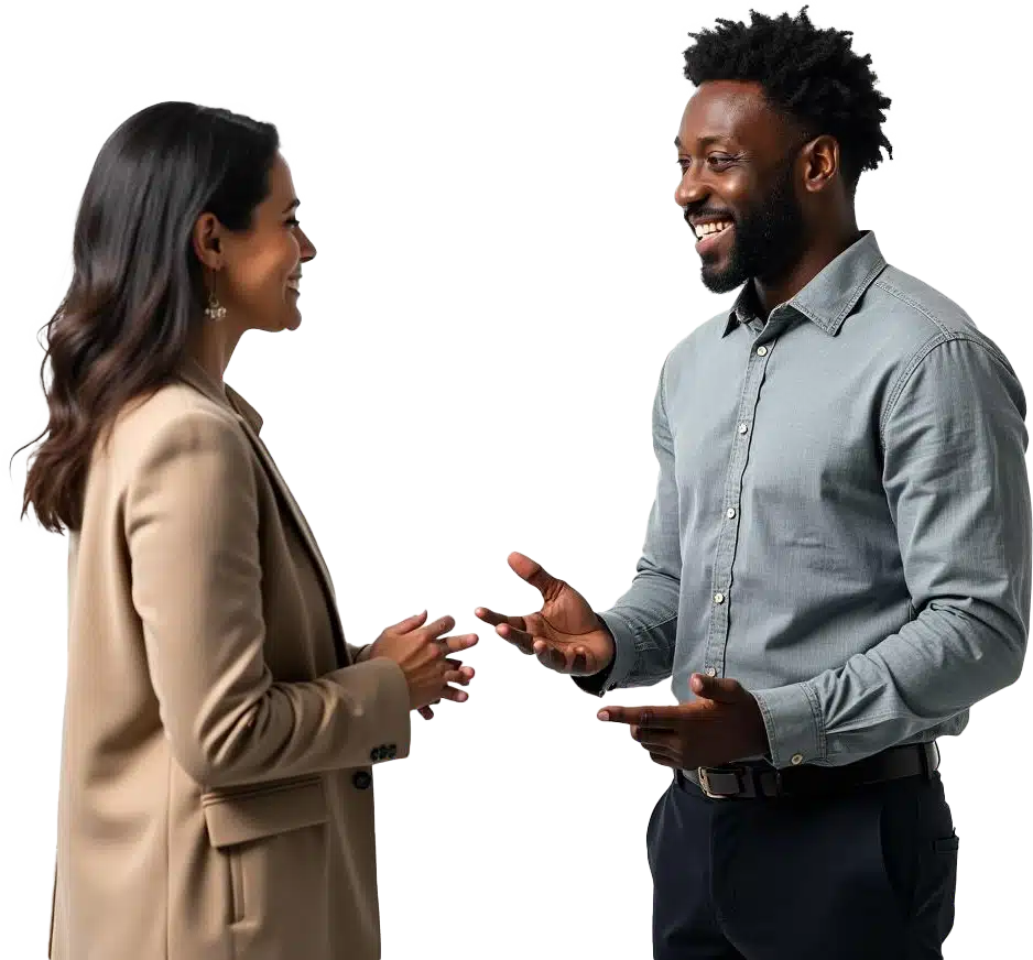 A man and a woman discussing exit medicals in a professional environment.