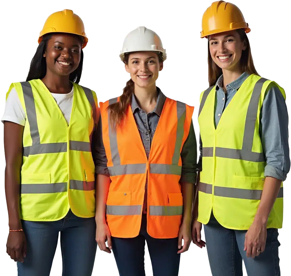 Three women in warehouse safety clothing attending a pre-employment medical.