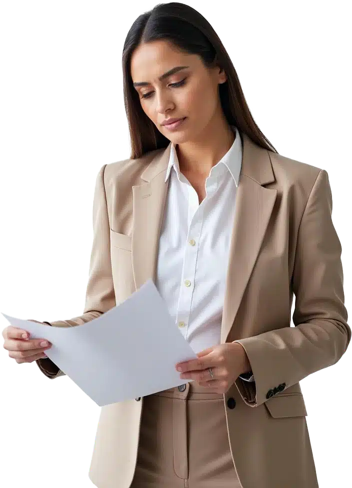A professional woman reading a document
