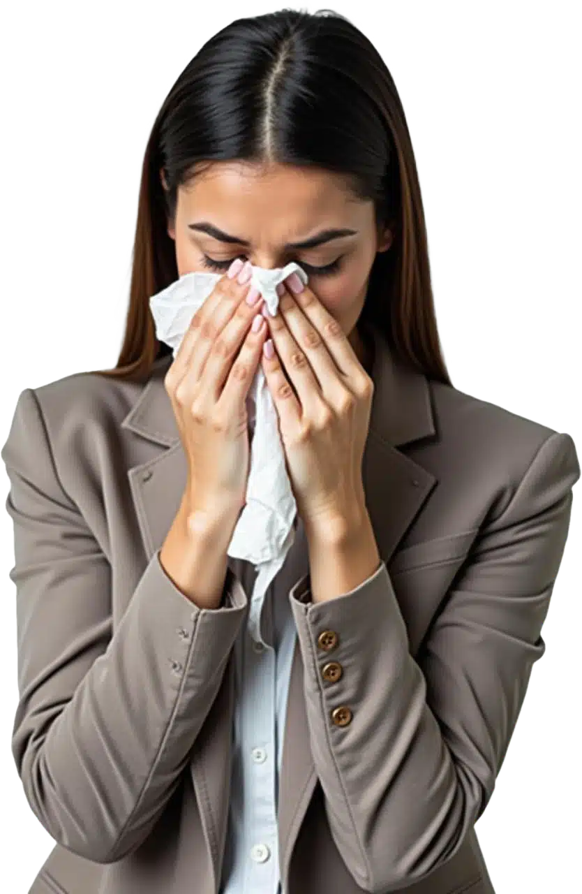 A professional business woman with a cold, regarding sickness absence management