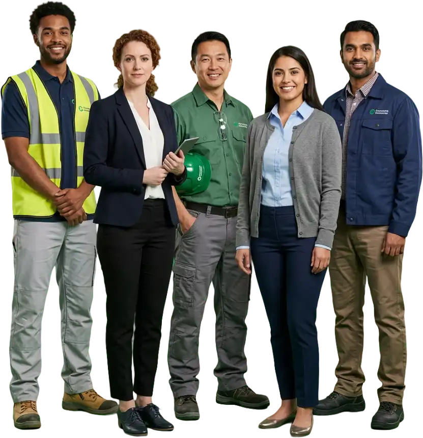 Diverse workplace professionals and industrial employees representing occupational health services in Cheshire