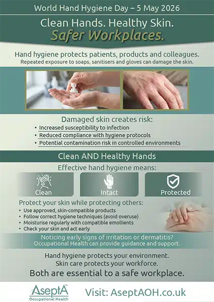 Workplace hand hygiene poster promoting clean hands and skin health, highlighting risks of damaged skin and safe hygiene practices for employees